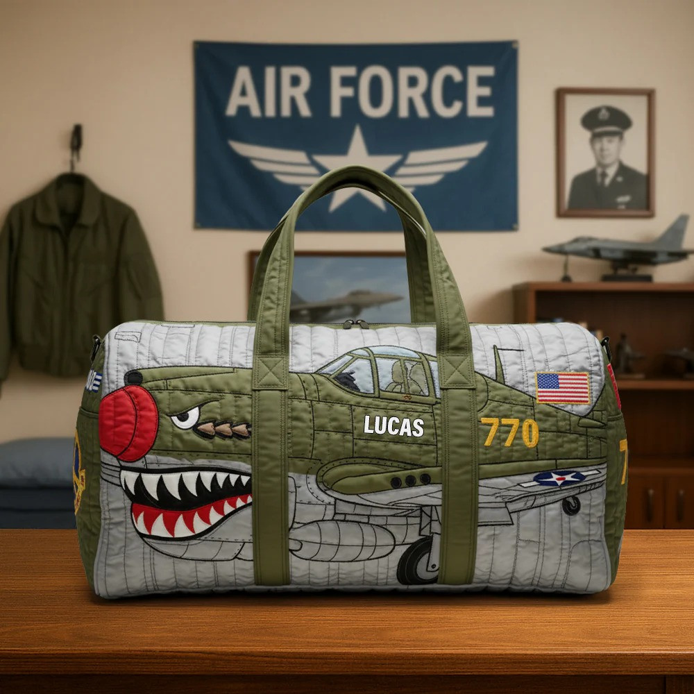 Personalized Air Force Fighter Plane Quilted Duffle Bag WWII Pilot Veteran Fan Gift For Military Heroes