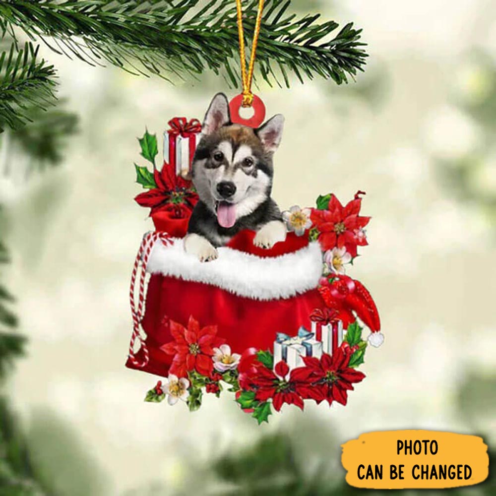 Personalized Alaskan Malamute In Gift Bag Christmas Ornament Lovely Holiday Ornament Display