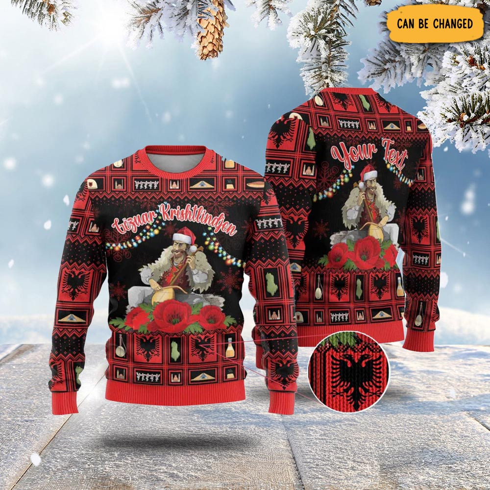 Personalized Albania Christmas Ugly Christmas Sweater Albanian Man Playing Lahuta With Red Poppy