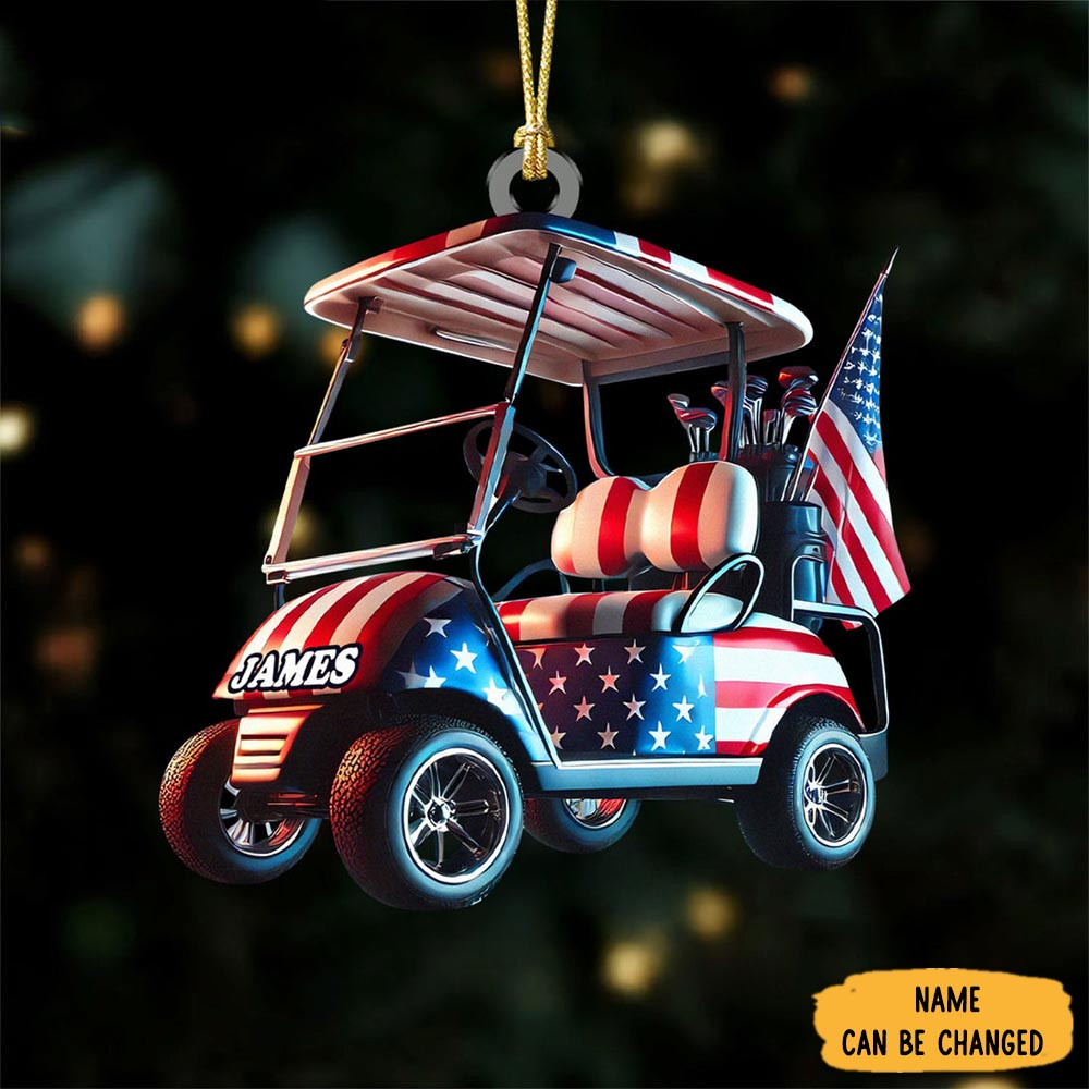 Personalized Ameircan Flag Golf Cart Christmas Ornament Winter Decor Xmas Gifts For Golf Dad