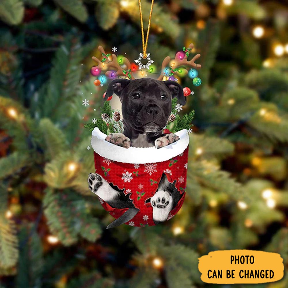 Personalized American Staffordshire Terrier In Snow Pocket Christmas Ornament Heartwarming Holiday Ornament Gift