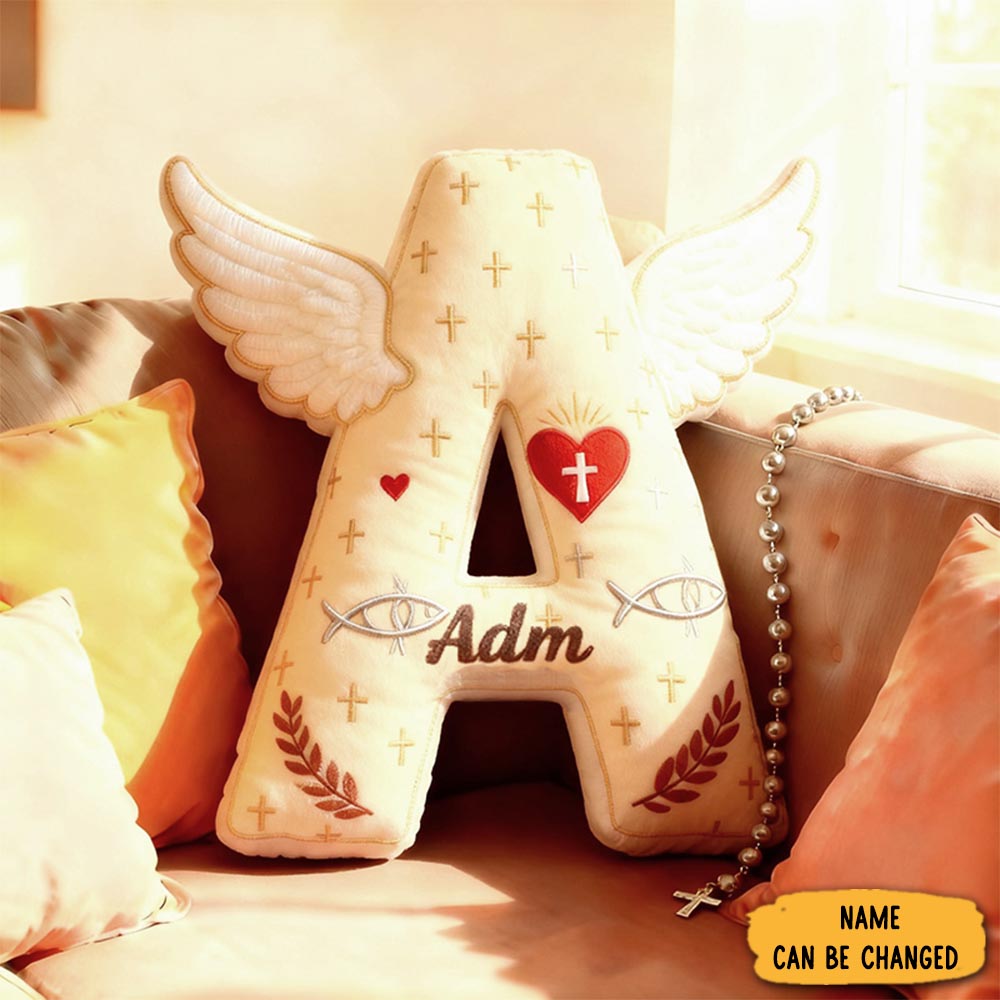 Personalized Angel Wing Cross Letter Pillow With Custom Name Home Decor Christian Fish Pillow Religious Gift For Kids Adults Family Christmas
