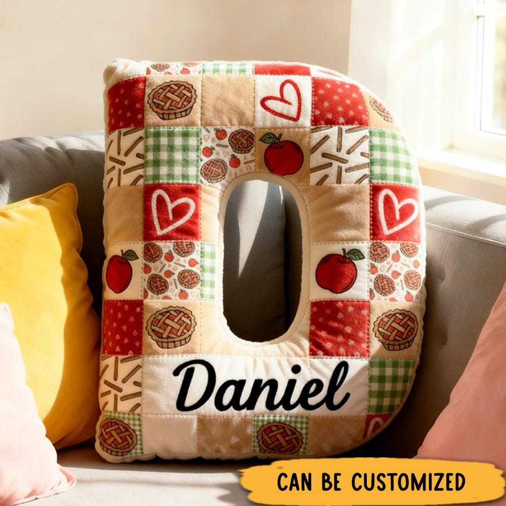Personalized Apple Pie Patchwork Alphabet Throw Pillow Baking Lover Letter Pillow with Name for Kids Girl Boy Baker Christmas Gifts Loving Room Decor