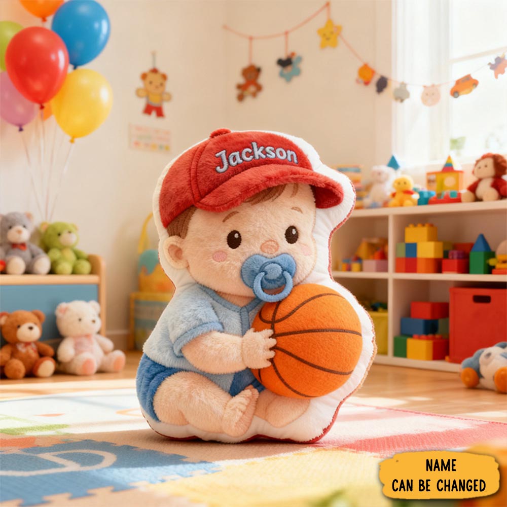 Personalized Baby Boy Name Custom Kids Gift Cute Red Hat Balls Blue Outfit Soft Playful Decorative Graphic 3d Print Pillow