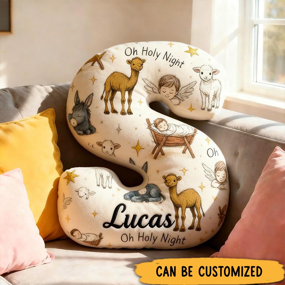 Personalized Baby Jesus Oh Holy Night Letter Pillow with Custom Name Home Decor Christian Nativity Pillow Religious Gift for Kids Family Christmas
