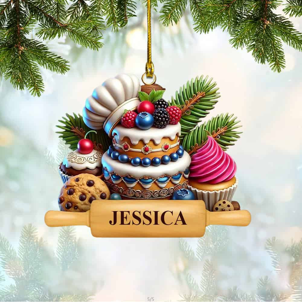 Personalized Baking Ornament With Custom Name Chef Hat And Dessert Decoration Unique Christmas Ornament For Bakers Gift For Pastry Chef