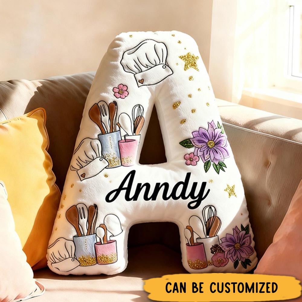Personalized Baking Tool Alphabet Throw Pillow Chef Hat Letter Pillow with Name for Kids Girl Boy Baking Lover Christmas Gifts Loving Room Decor