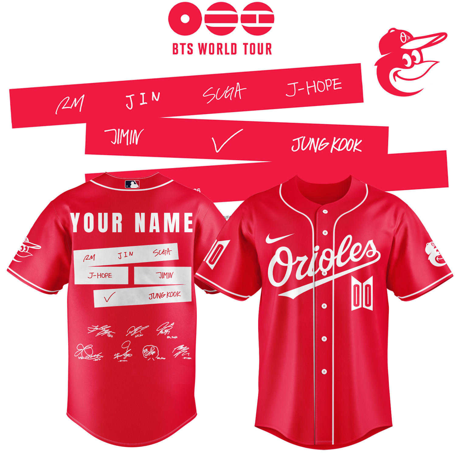 Personalized Baltimore Orioles x BTS Comeback World Tour 2026 Baseball Jersey 2026 MLB Playoffs Merch