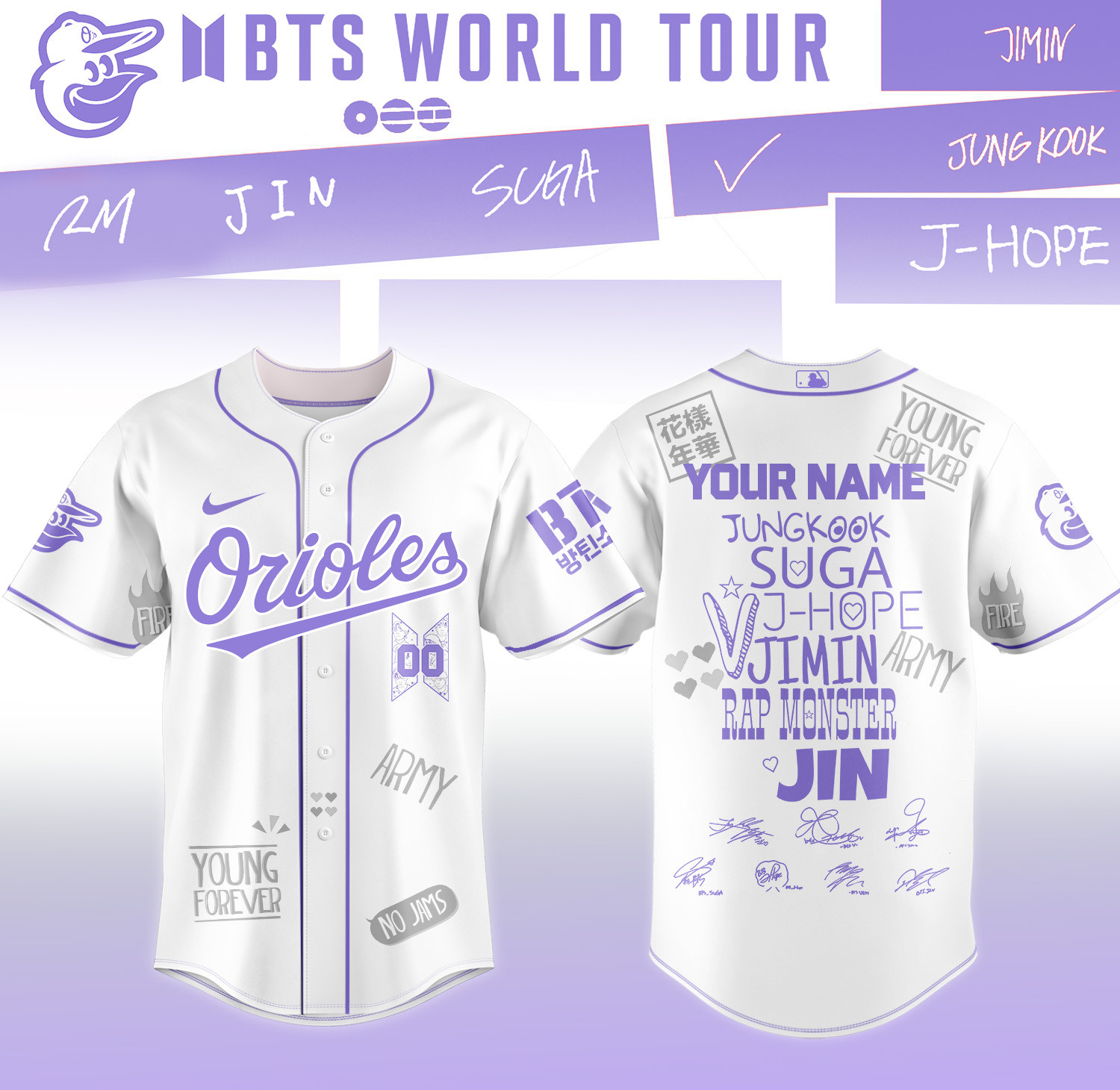 Personalized Baltimore Orioles x BTS World Tour 2026 Jersey 2026 MLB Playoffs Merch Baseball Gear