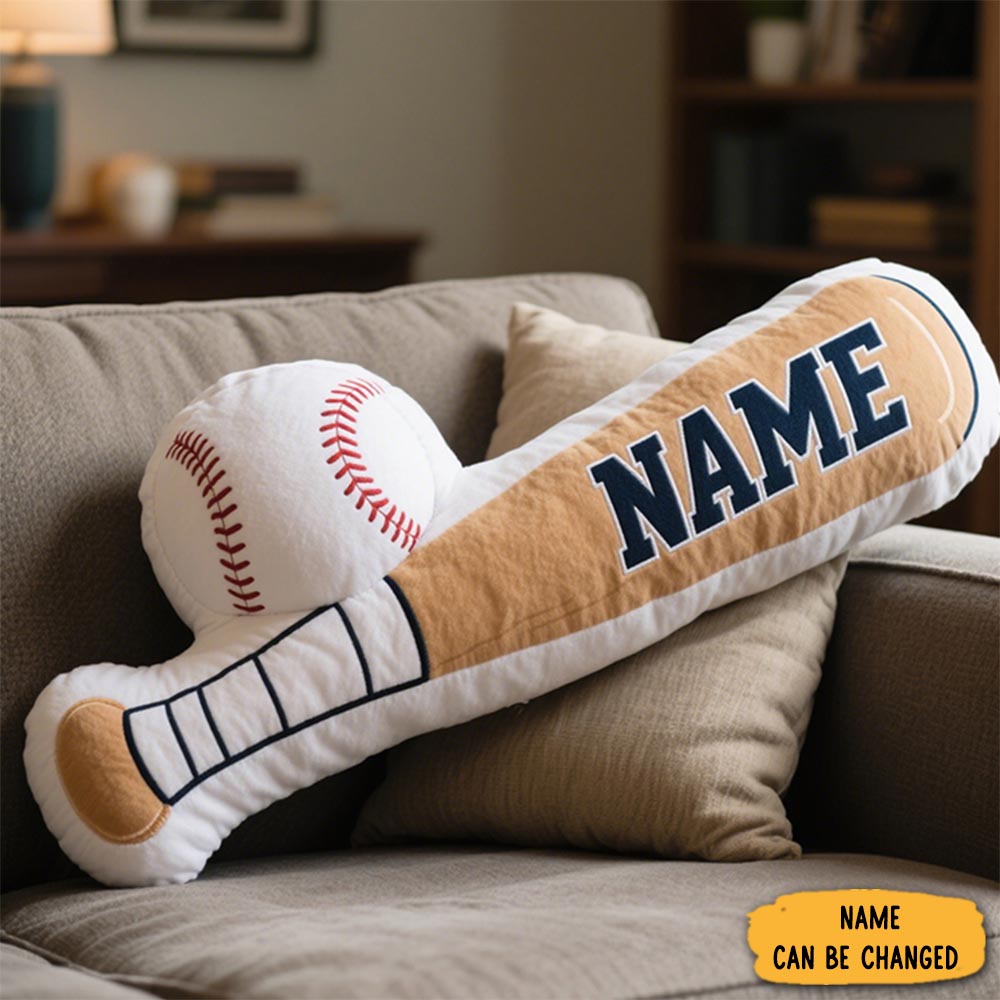 Personalized Baseball Bat And Ball Pillow With Custom Name For Baseball Lovers