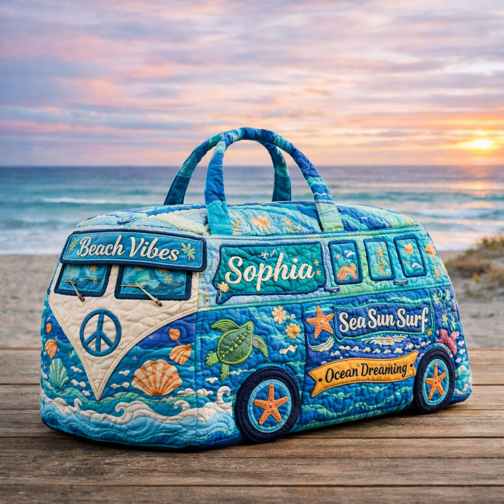 Personalized Beach Vibes Hippie Van Quilted Duffle Bag Ocean Dreaming Sea Turtle Best Gift Ideas