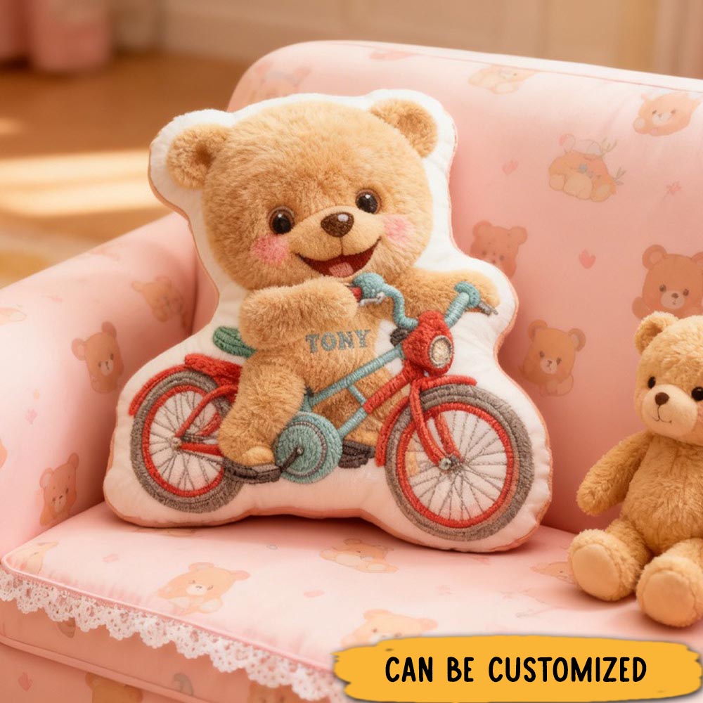 Personalized Bear Bike Pillow Cozy Graphic 3D Print Bow Pillow Name Pillow Comfortable Travel Cushion for Kids Riding Lovers