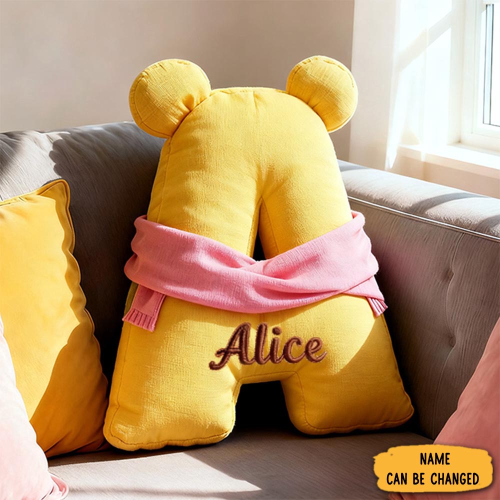 Personalized Bear Letter Name Custom Kids Gift Cute Yellow Soft Cozy Decorative Graphic 3d Print Pillow Gift For Kids Family