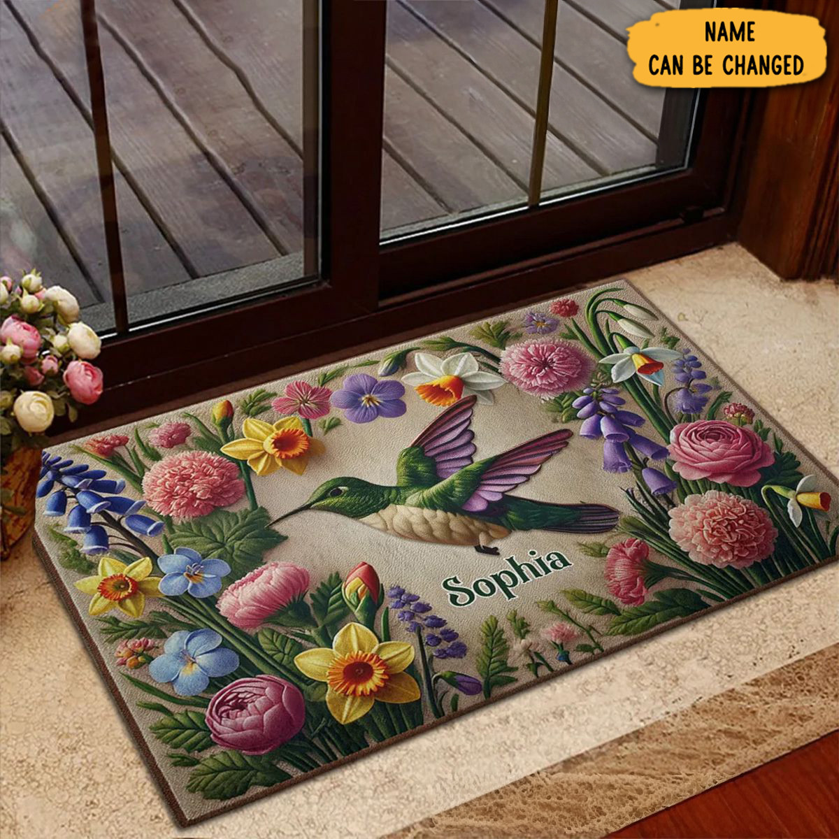 Personalized Beautiful Flowers Garden Doormat Entryway Decor Hummingbird Gifts For Mom
