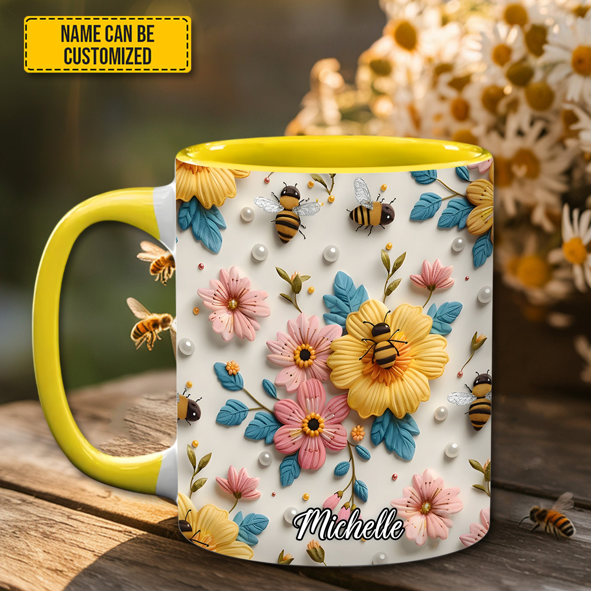 Personalized Bees And Flowers Mug Nature Design Daily Use Mug Gifts For Girlfriend