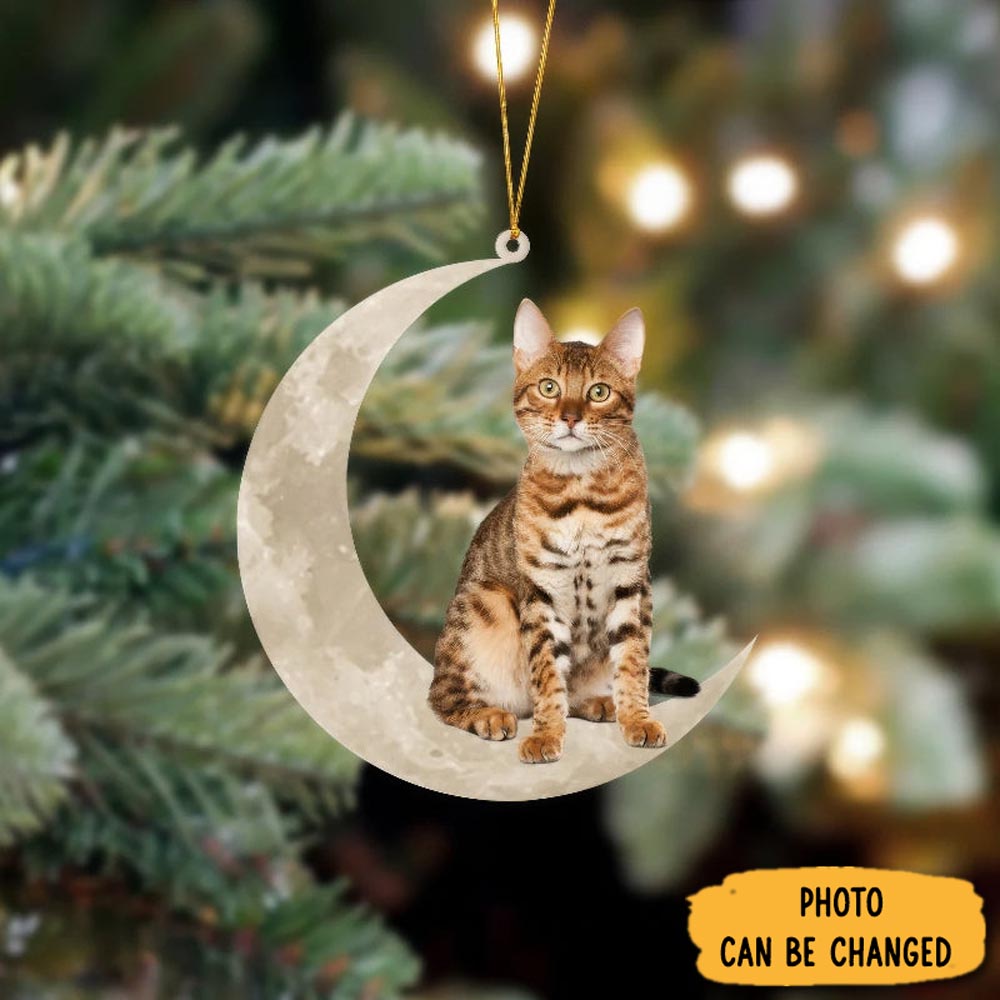 Personalized Bengal Cat Sits On The Moon Hanging Ornament Adorable Easter Ornament Keepsake