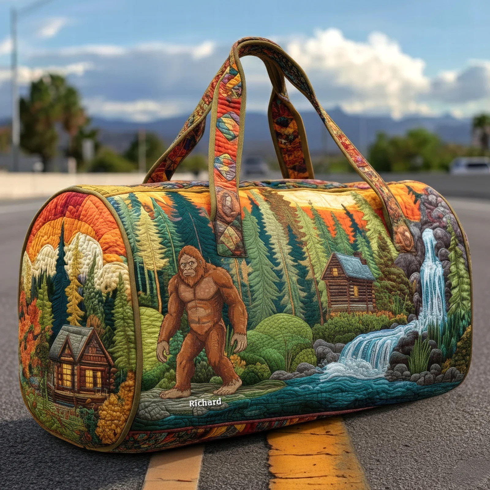 Personalized Bigfoot Quilted Duffle Bag Sasquatch Forest Cabin Waterfall Gift For Bigfoot Believers