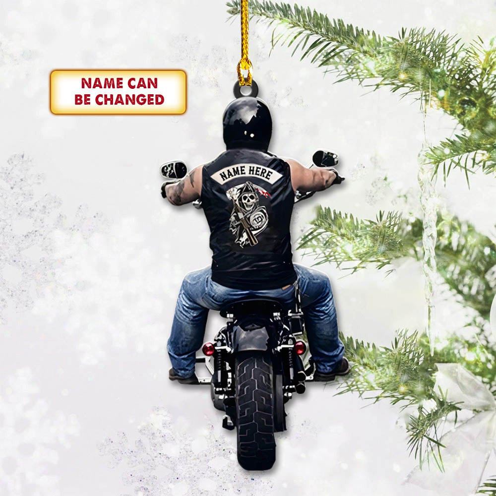 Personalized Biker shape acrylic ornament ornament personalisationName50 2 Sides Biker Dad Grandpa Skull Ornament