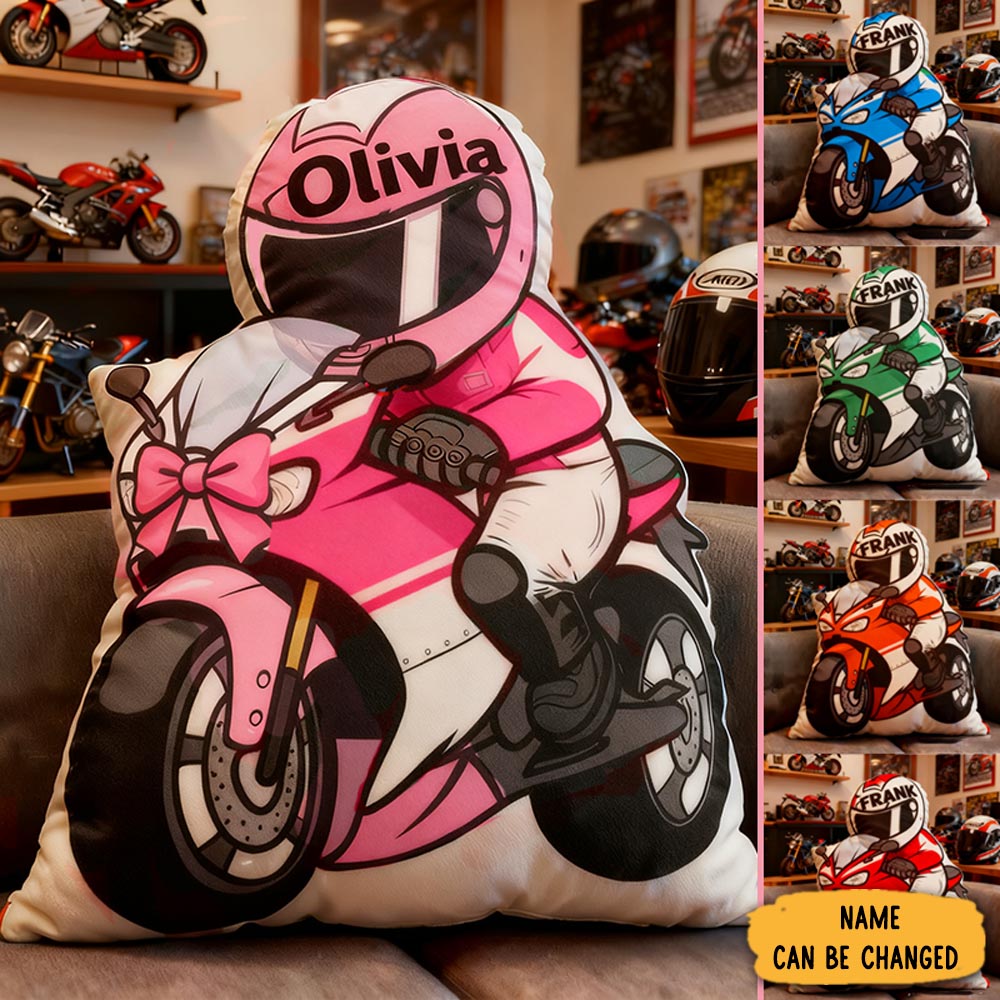 Personalized Biker Shaped Pillow Custom Name Cushion Gift For Motorcyclists And Motorcycle Enthusiasts