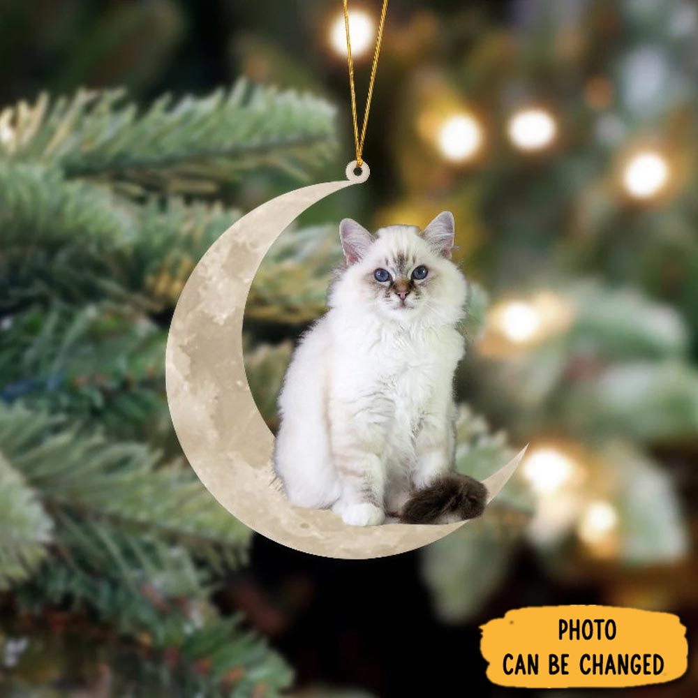 Personalized Birman Cat Sits On The Moon Hanging Ornament Cozy Christmas Ornament Decoration