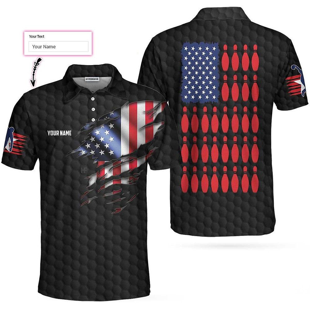 Personalized Black American Flag Bowling Polo Shirt American Flag Bowling Shirt For Bowling Fans