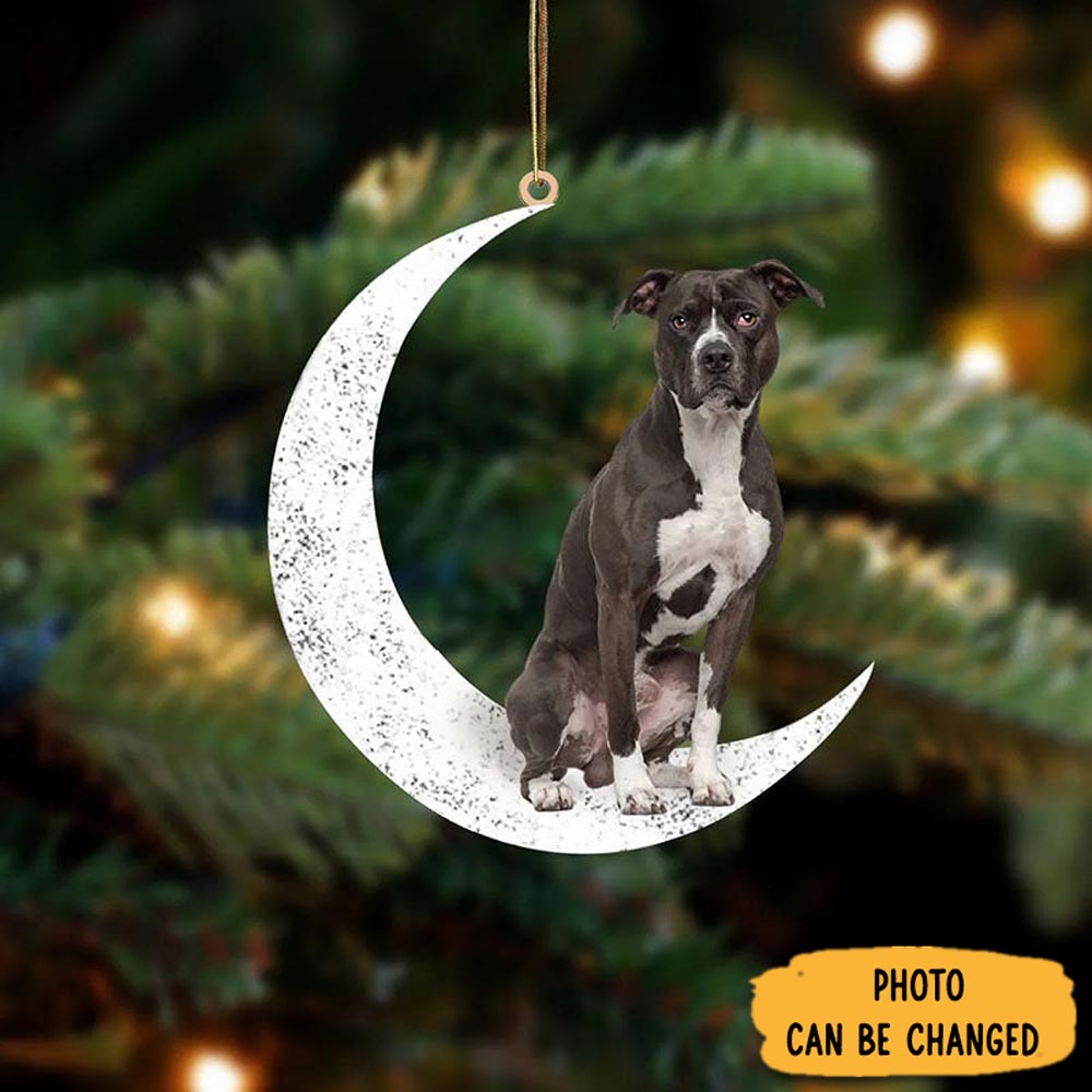 Personalized Black And White Pitbull Sit On The Moon Ornament Unique Ornament Gift For Friends