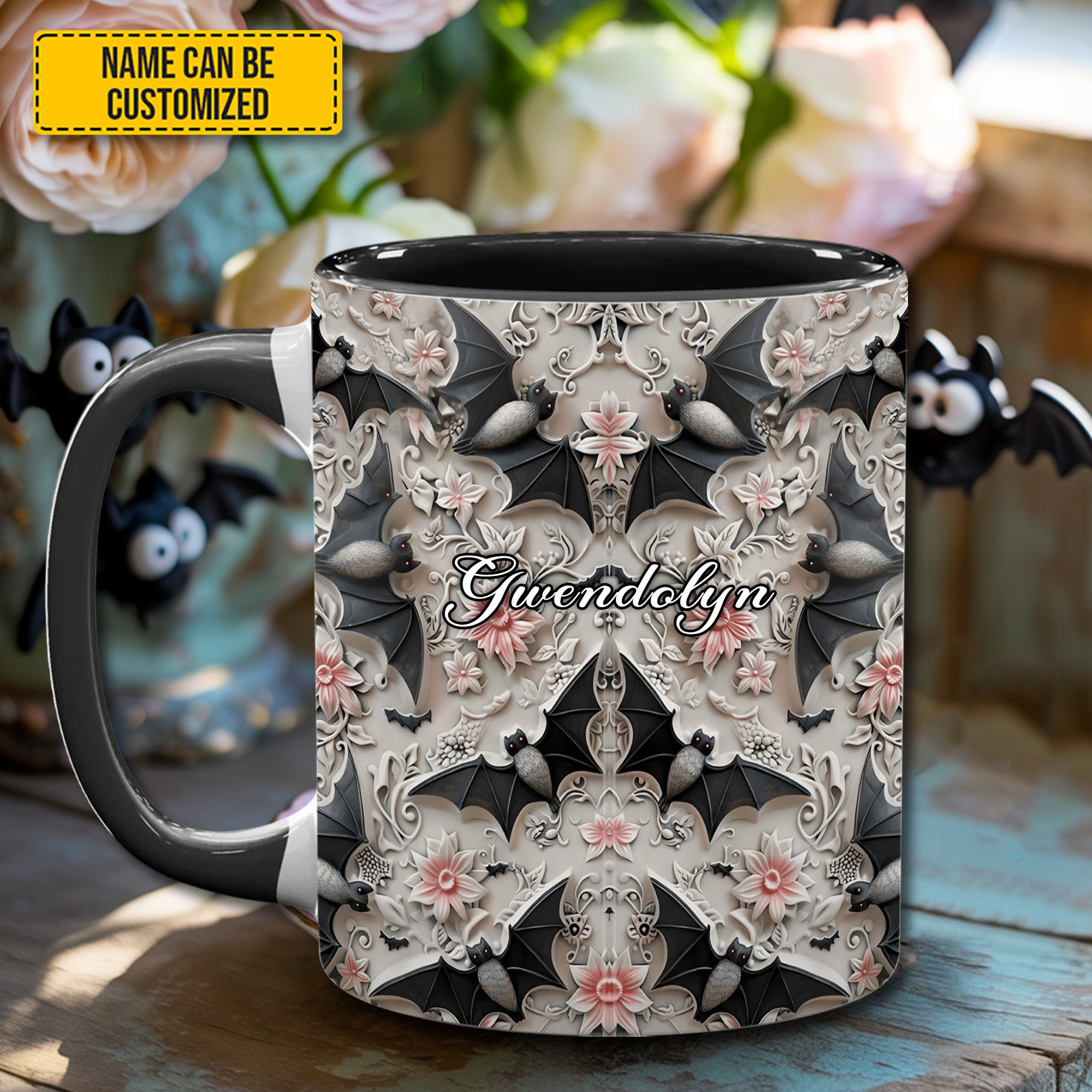 Personalized Black Bat Mug Floral Design Morning Coffee Mug Gifts For Bat Lovers