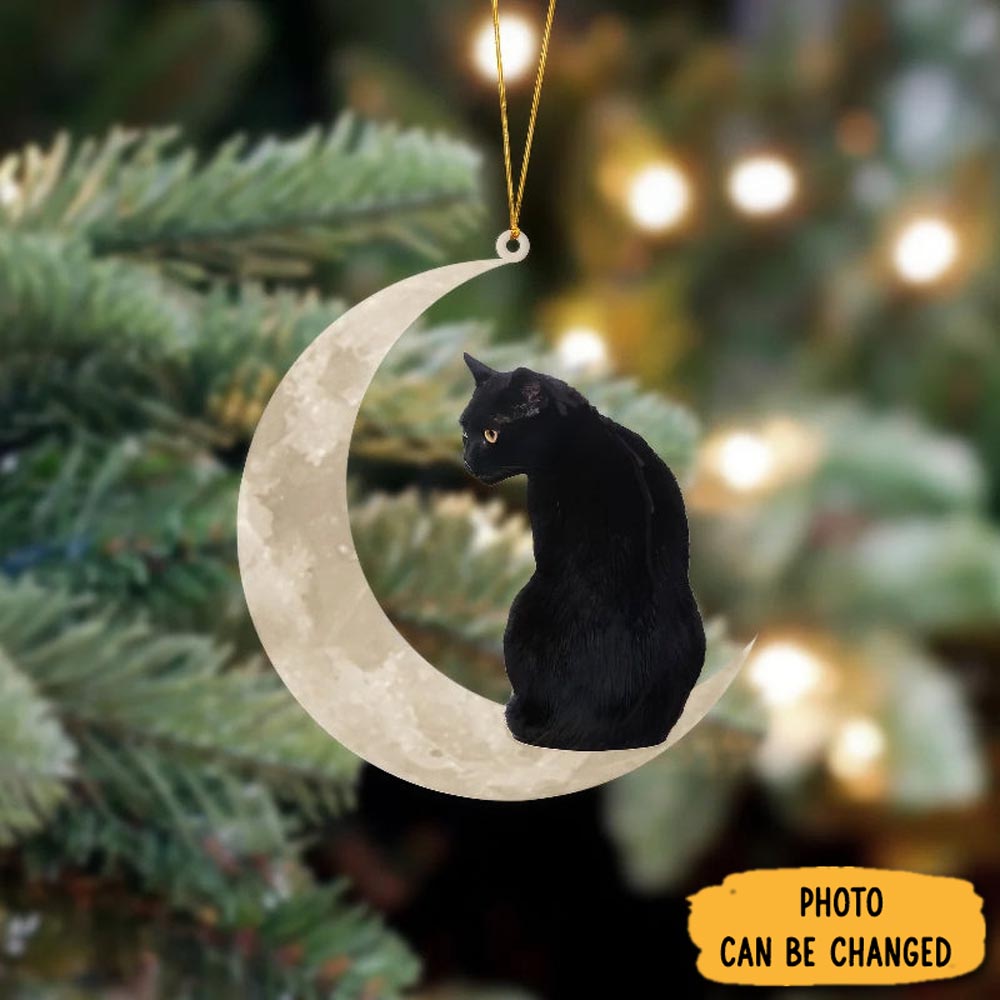 Personalized Black Cat Sits On The Moon Hanging Ornament Perfect Ornament Gift For Her