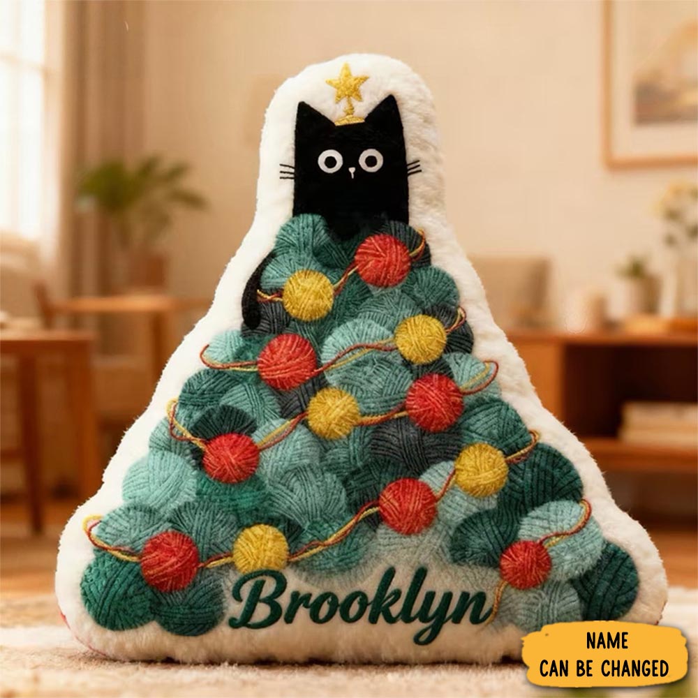 Personalized Black Cat Yarn Pillow Christmas Tree Design Sofa Decor Cat Lover Christmas Gifts