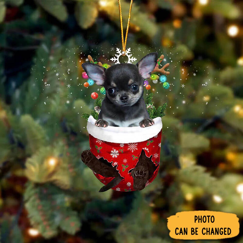 Personalized Black Chihuahua In Snow Pocket Christmas Ornament Joyful Holiday Season Ornament Gift