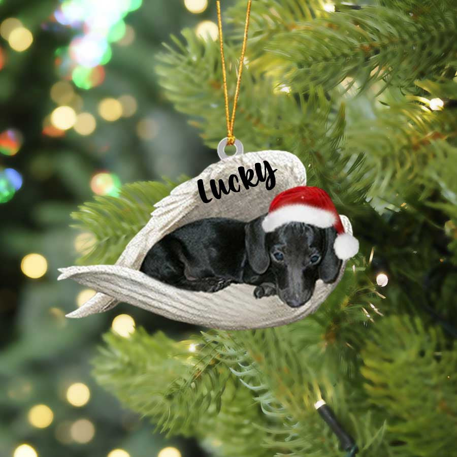 Personalized Black Dachshund Sleeping Angel Christmas Flat Acrylic Dog Ornament Memorial Dog Gift