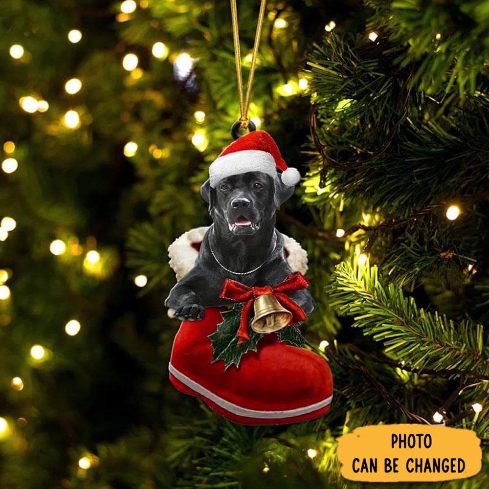 Personalized Black Labrador In Santa Boot Christmas Hanging Ornament Heartwarming Holiday Ornament Gift