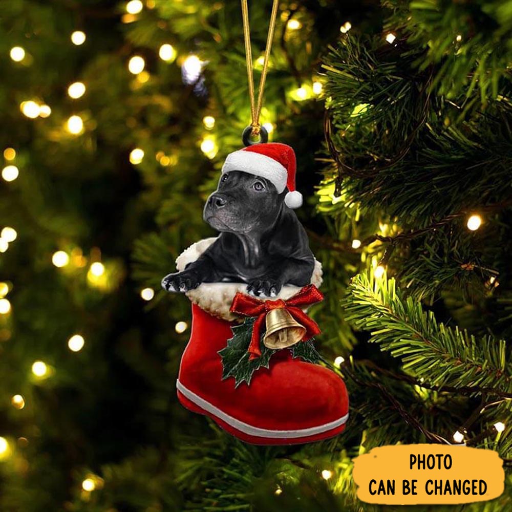Personalized Black Pitbull In Santa Boot Christmas Hanging Ornament Perfect Ornament Gift For Her