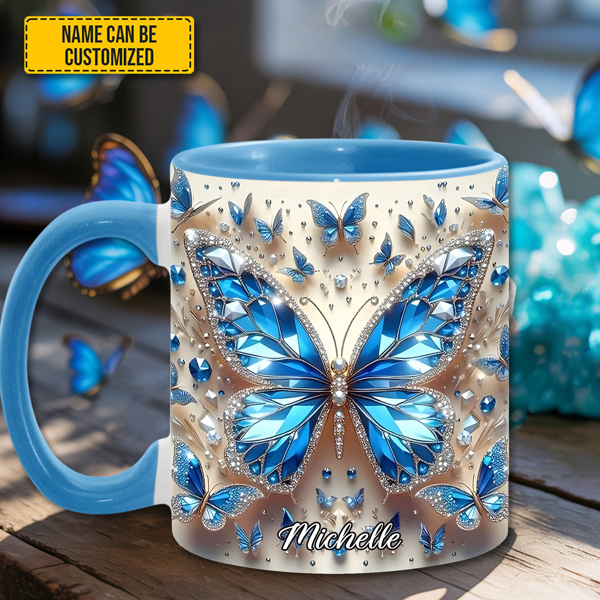 Personalized Blue Crystal Butterfly Mug Custom Coffee Mug Gifts For Butterfly Lovers