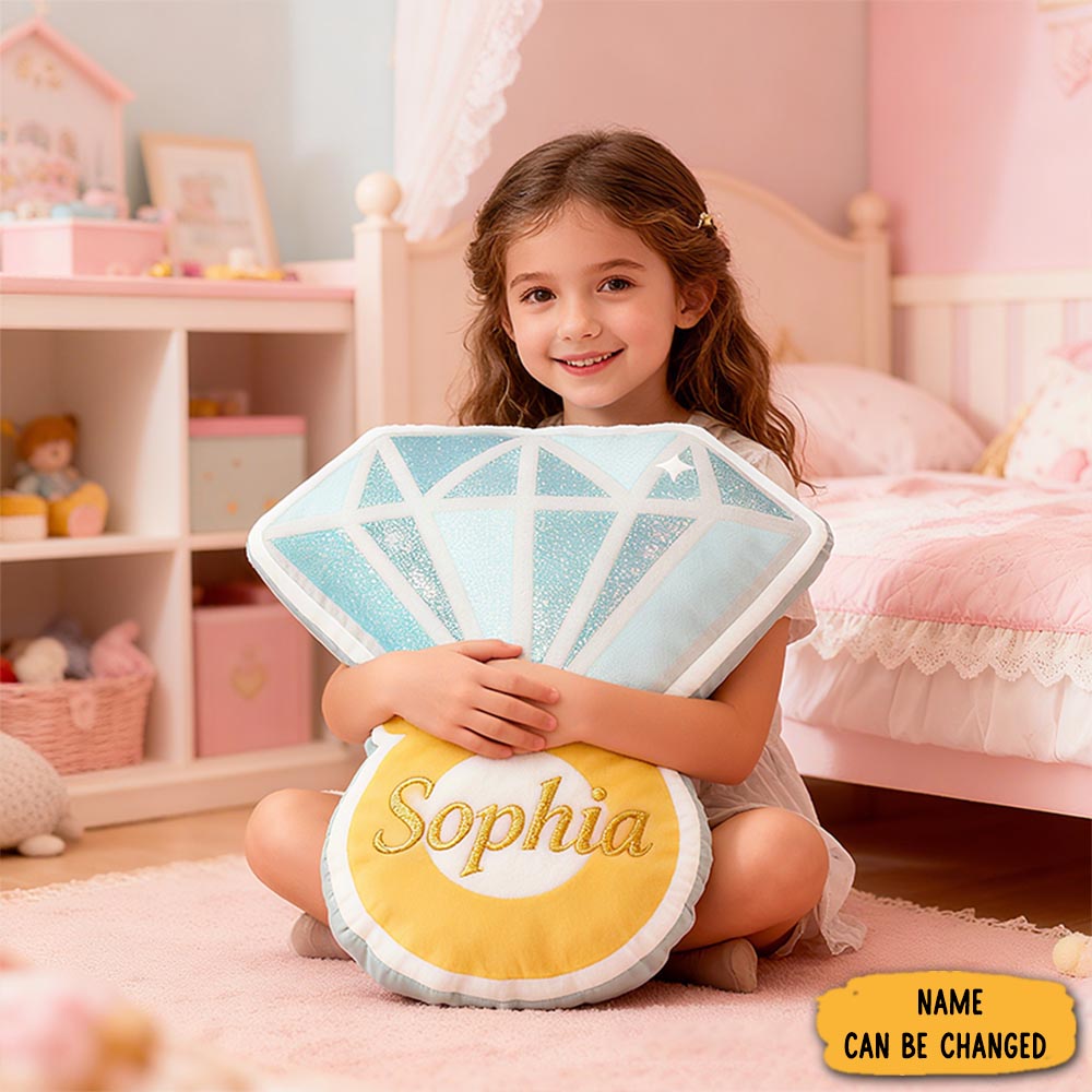 Personalized Blue Diamond Gem Shape Custom Name Soft Decorative Gift Sparkling Princess Style Cozy Girls Room Luxury Shine Graphic 3d Print Pillow