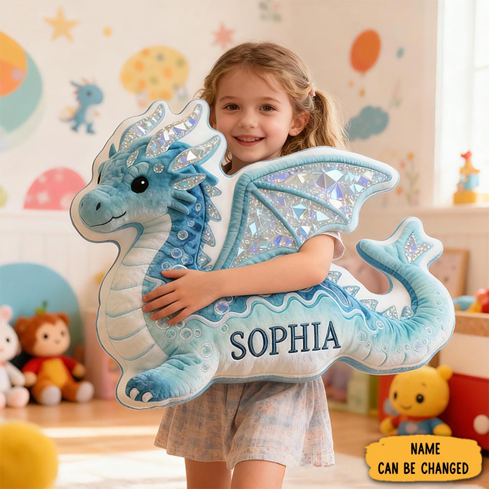 Personalized Blue Dragon Fantasy Custom Name Soft Decorative Gift Magical Creature Style Cozy Bedroom Dream Ocean Sparkle Mystic Graphic 3d Print Pillow
