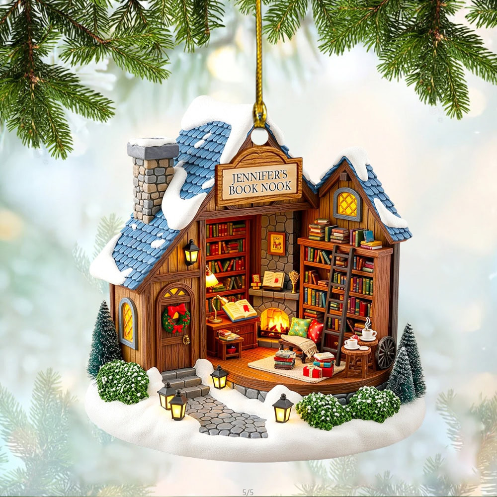 Personalized Book Nook Christmas Custom Flat Acrylic Ornament Gift For Book Lovers