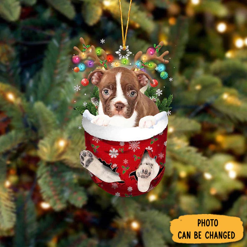 Personalized Boston Terrier In Snow Pocket Christmas Ornament Festive Holiday Ornament Collection