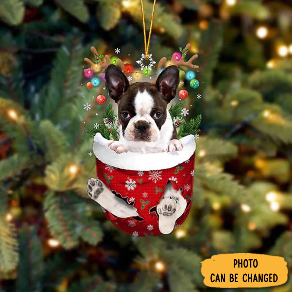 Personalized Boston Terrier In Snow Pocket Christmas Ornament Magical Christmas Tree Ornament
