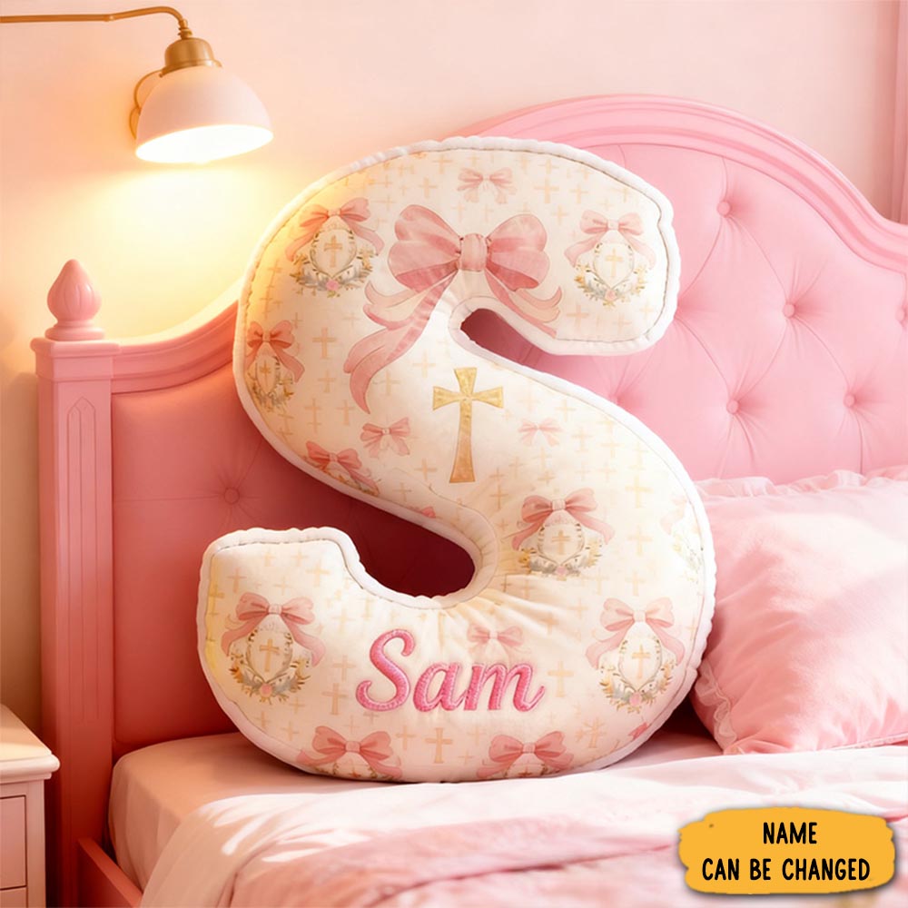 Personalized Bow Cross Wreath Letter Pillow With Custom Name Home Decor Christian Pillow Religious Gift For Kids