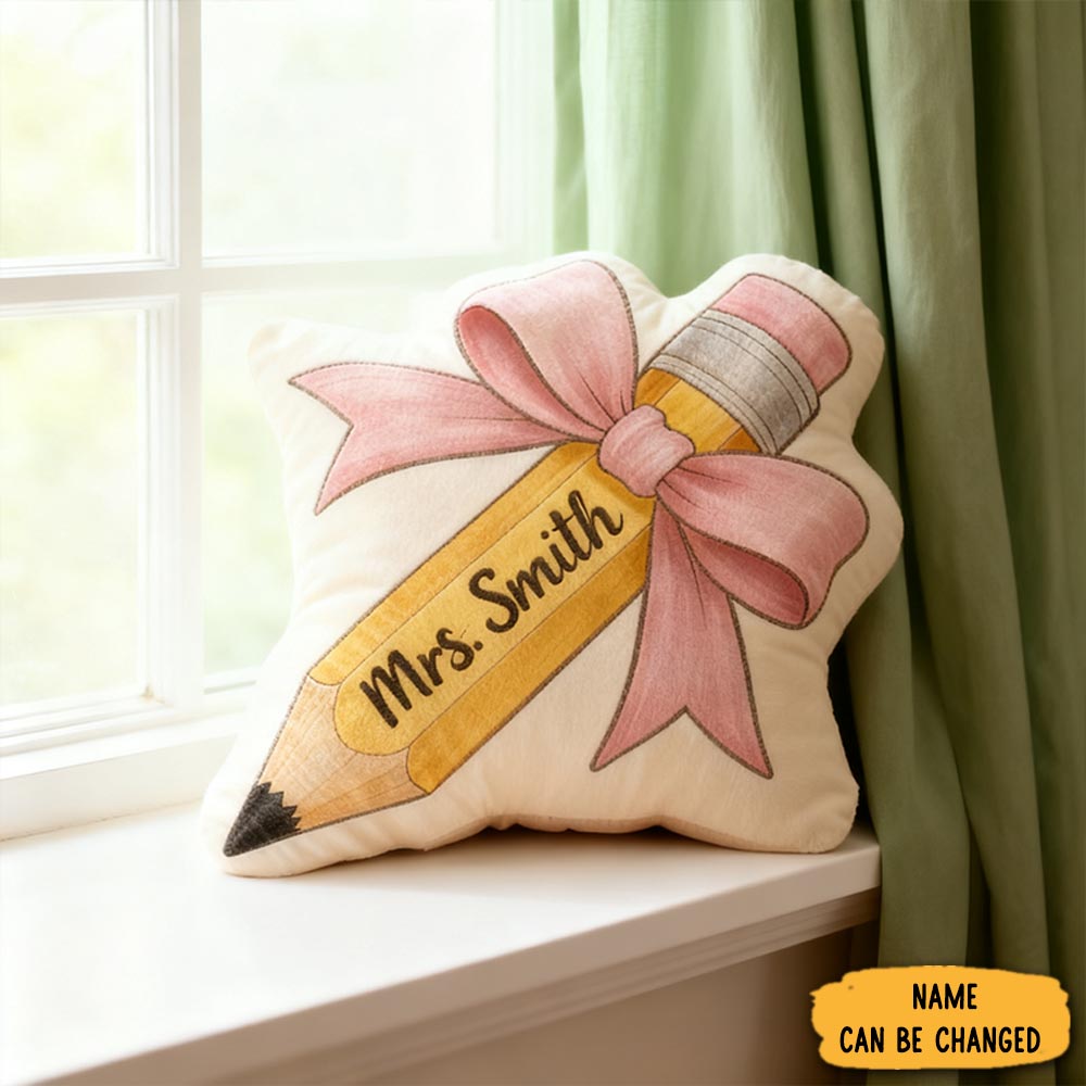Personalized Bow Pencil Shaped Teacher Pillow Custom Name Cushion Gift For Educators And Teachers