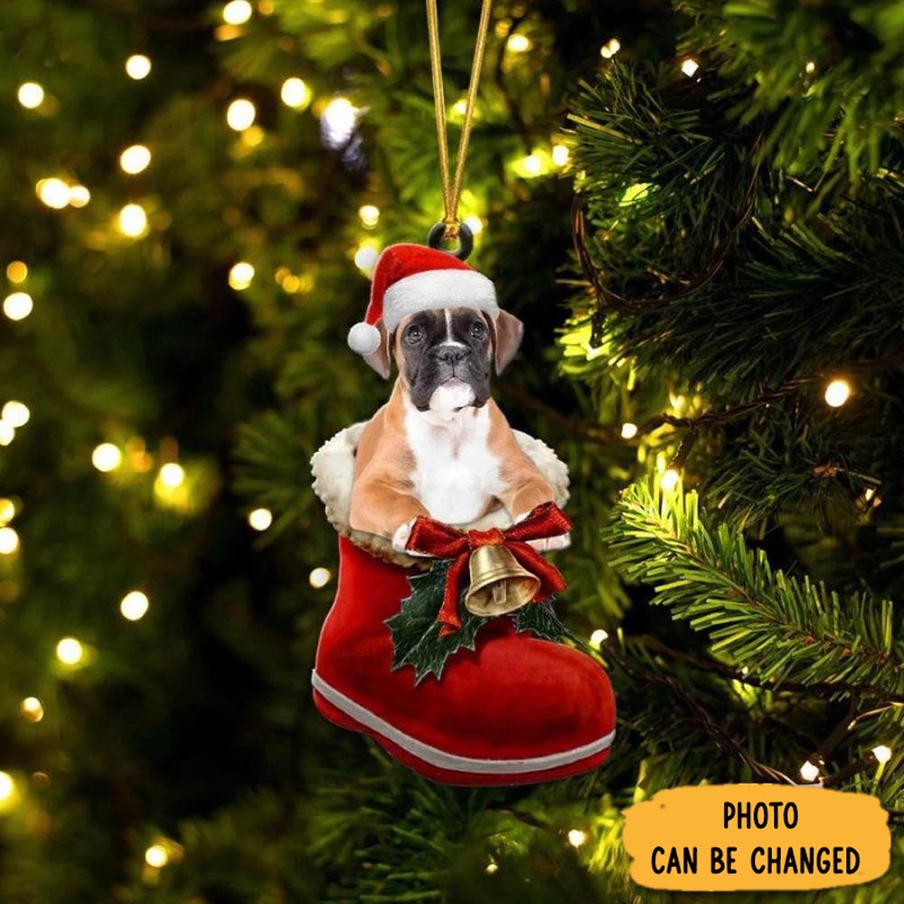 Personalized Boxer Fawn In Santa Boot Christmas Hanging Ornament Timeless Ornament For Holiday Memories