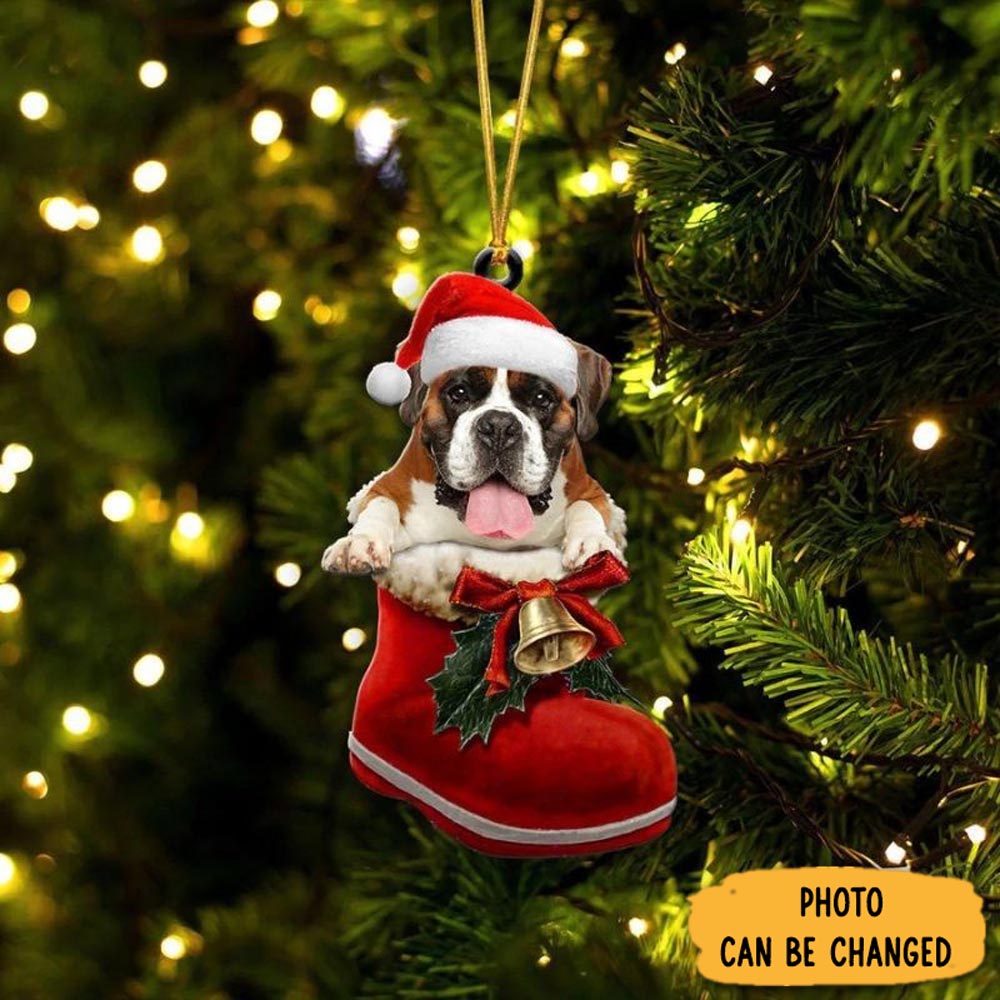 Personalized Boxer In Santa Boot Christmas Hanging Ornament Special Father’s Day Ornament Gift