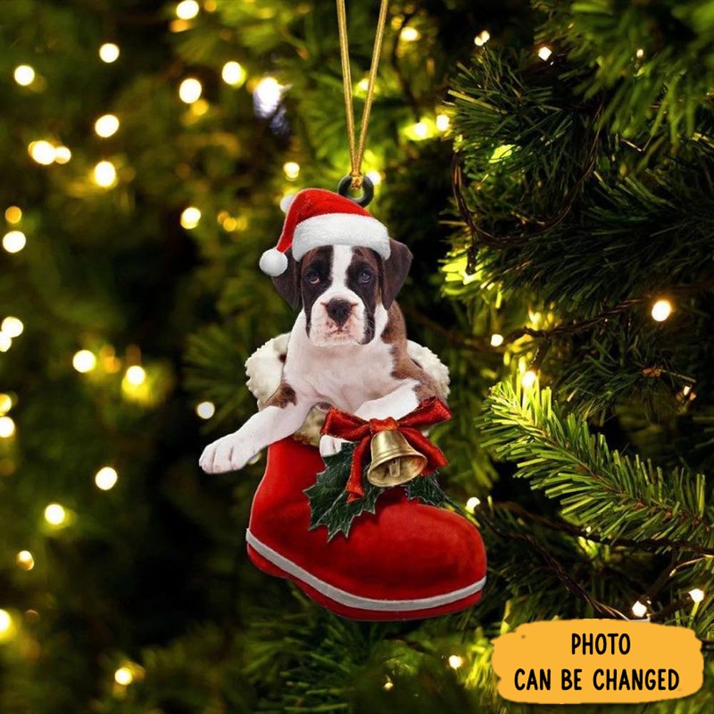 Personalized Boxer White In Santa Boot Christmas Hanging Ornament Memorable Anniversary Ornament Keepsake