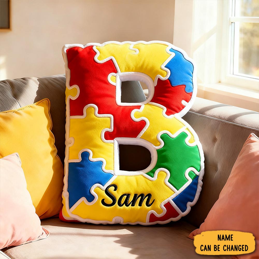 Personalized Bright Puzzle Pattern Letter Initial Name Cushion Soft Decorative Gift For Kids Room Fun Alphabet Shape Pillow