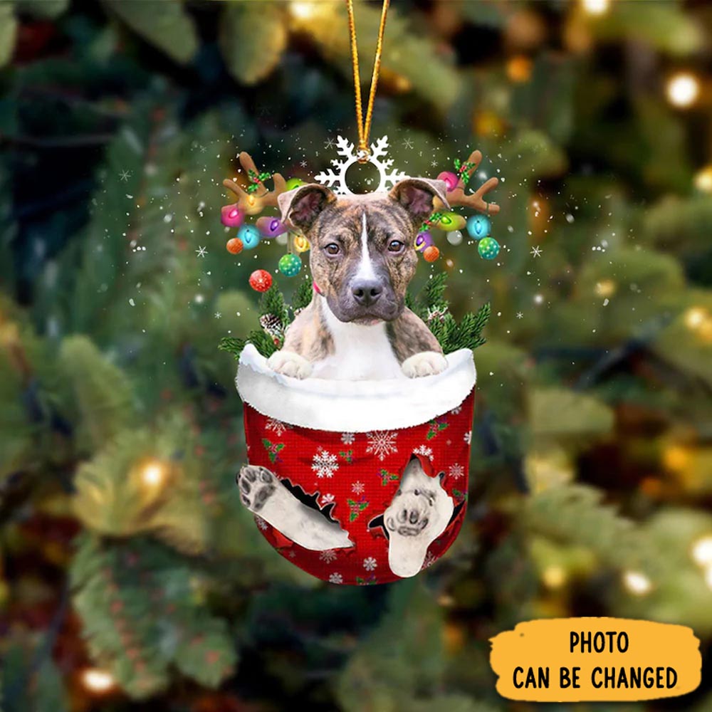 Personalized Brindle Pitbull In Snow Pocket Christmas Ornament Thoughtful Ornament Gift For Dad