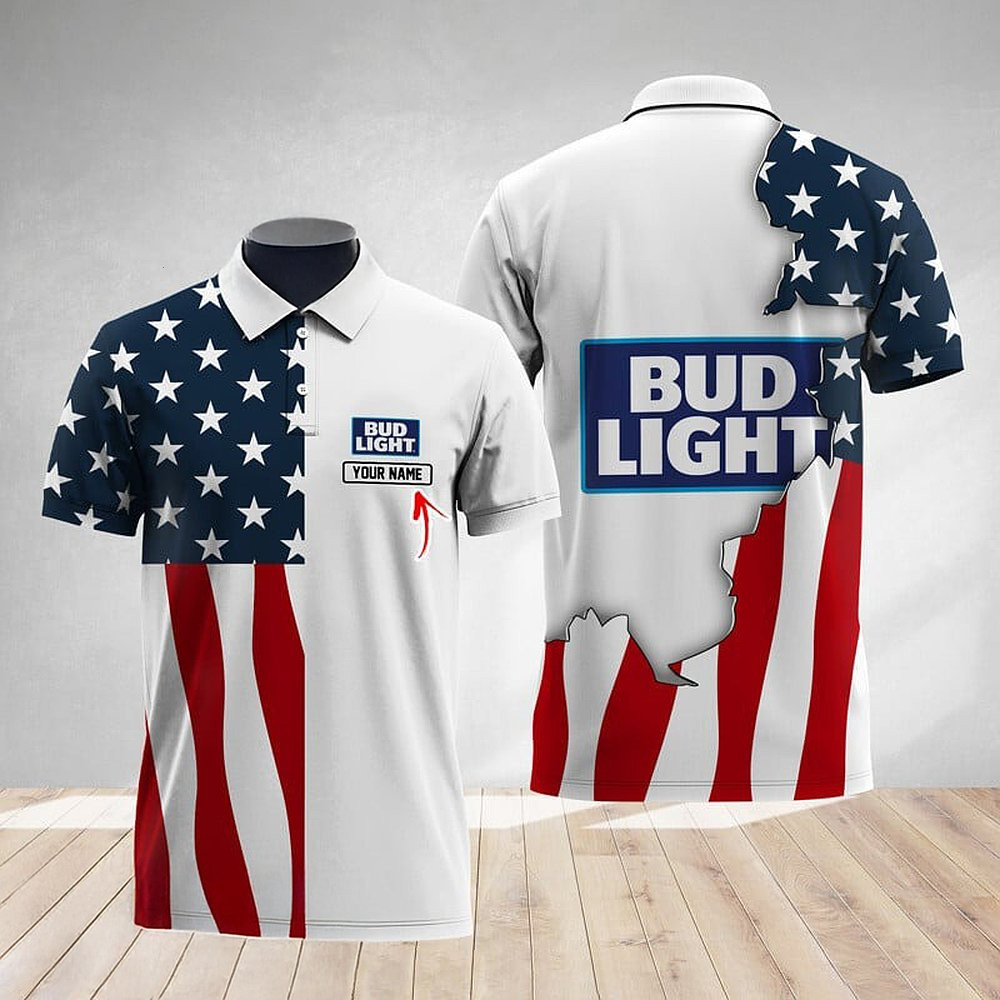 Personalized Bud Light American Flag Polo Shirt Patriotic Apparel Men's