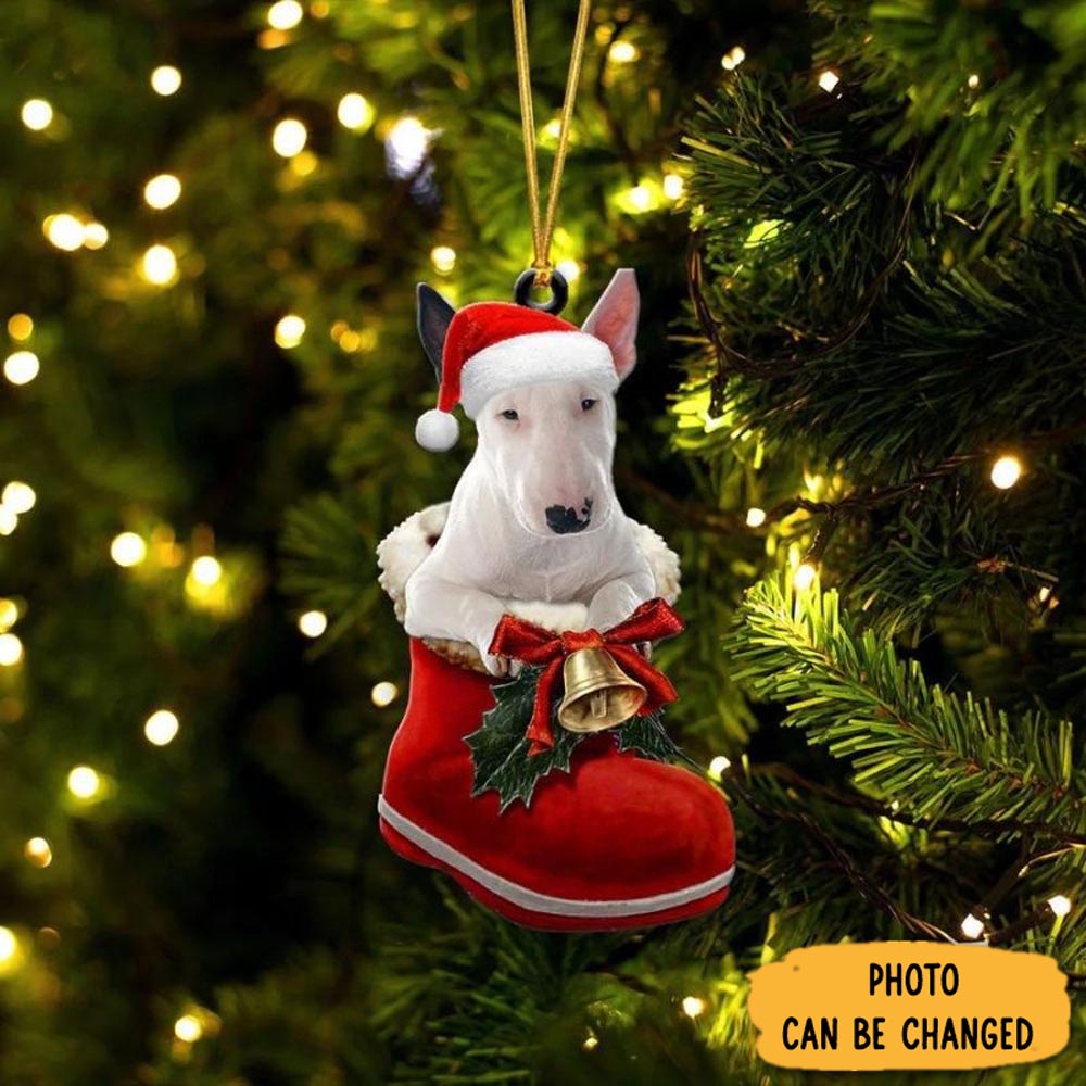 Personalized Bull Terrier In Santa Boot Christmas Hanging Ornament Heartwarming Holiday Ornament Gift