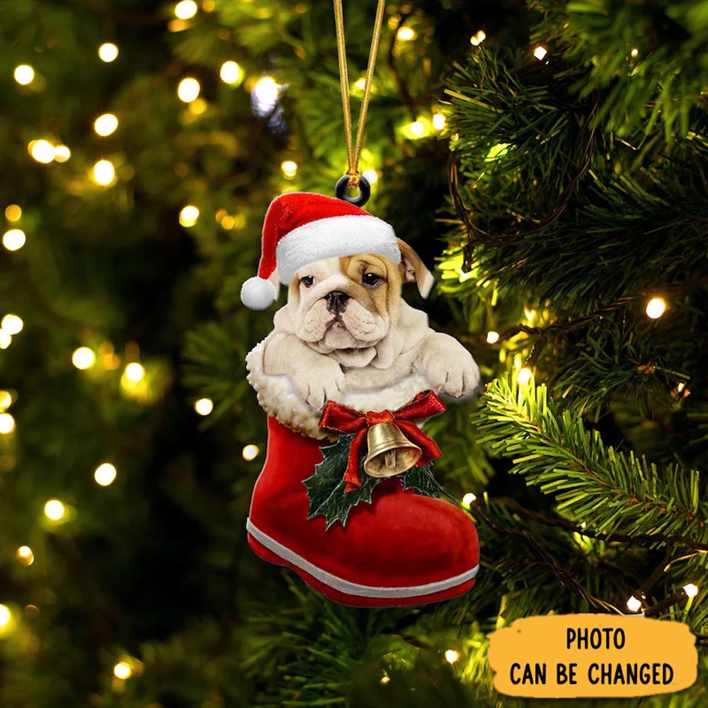 Personalized Bulldog In Santa Boot Christmas Hanging Ornament Meaningful Birthday Ornament Gift