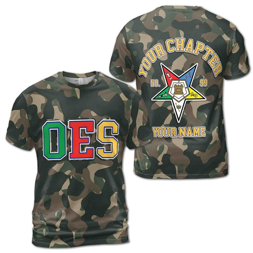 Personalized Camo OES Order of the Eastern Star Pentagon Down T-Shirt Dad Gifts